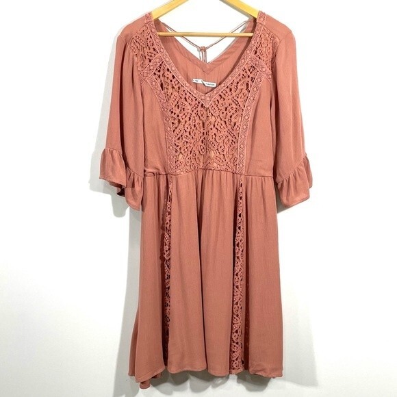 Maurices Boho Coral Rust Crochet Overlay V Neck Ruffle Sleeve Dress - Picture 3 of 13